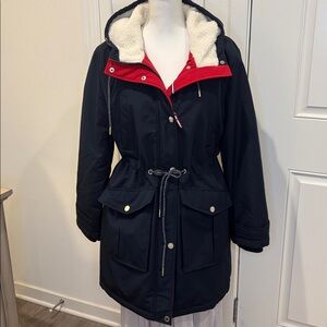 Tommy Hilfiger Sherpa Lined Hooded Parka Jacket Navy Red Inner Trim New Medium
